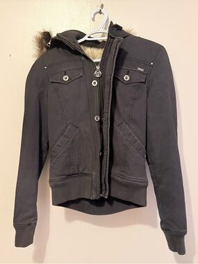 TNA Faux Fur Jacket in Beige with Black Trim